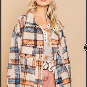 Cream blue plaid fuzzy oversized raw hem jacket